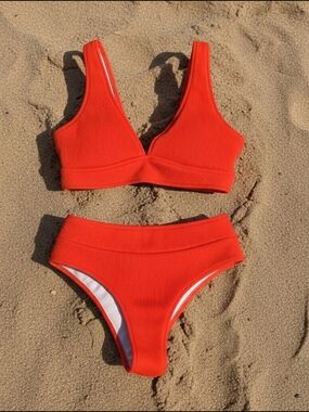 Women's Ribbed V-Neck High-Waist Bikini Set - Orange
